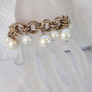 st. thomas faux pearl dangle charm goldtone triple link bracelet 8in costume